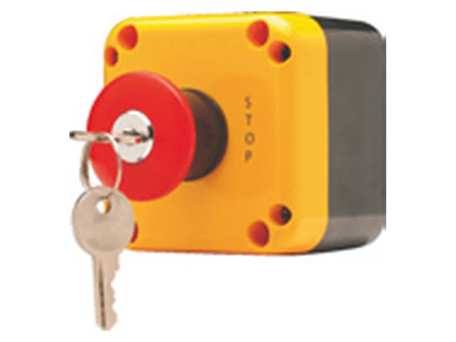 Universal Push Button Stations (ABS plastic body) - Mushroom Head Actuator w/Lock and Key, Yellow Cover, STOP 1NC