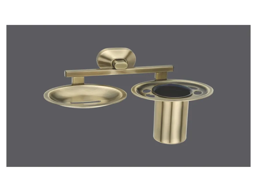 Sparrow Aster Soap Dish with Tumbler Holder - Brass Antique