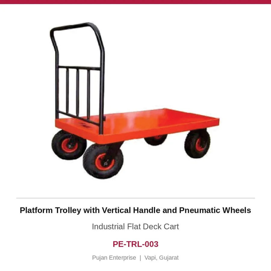 Platform Trolley with Vertical Handle and Pneumatic Wheels – Industrial Flat Deck Cart