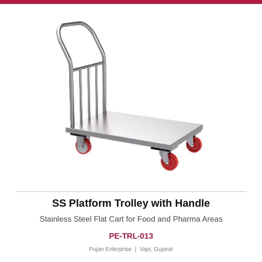 SS Platform Trolley with Handle – Stainless Steel Flat Cart for Food and Pharma Areas