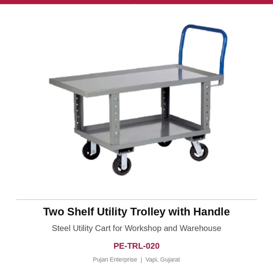Two Shelf Utility Trolley with Handle – Steel Utility Cart for Workshop and Warehouse