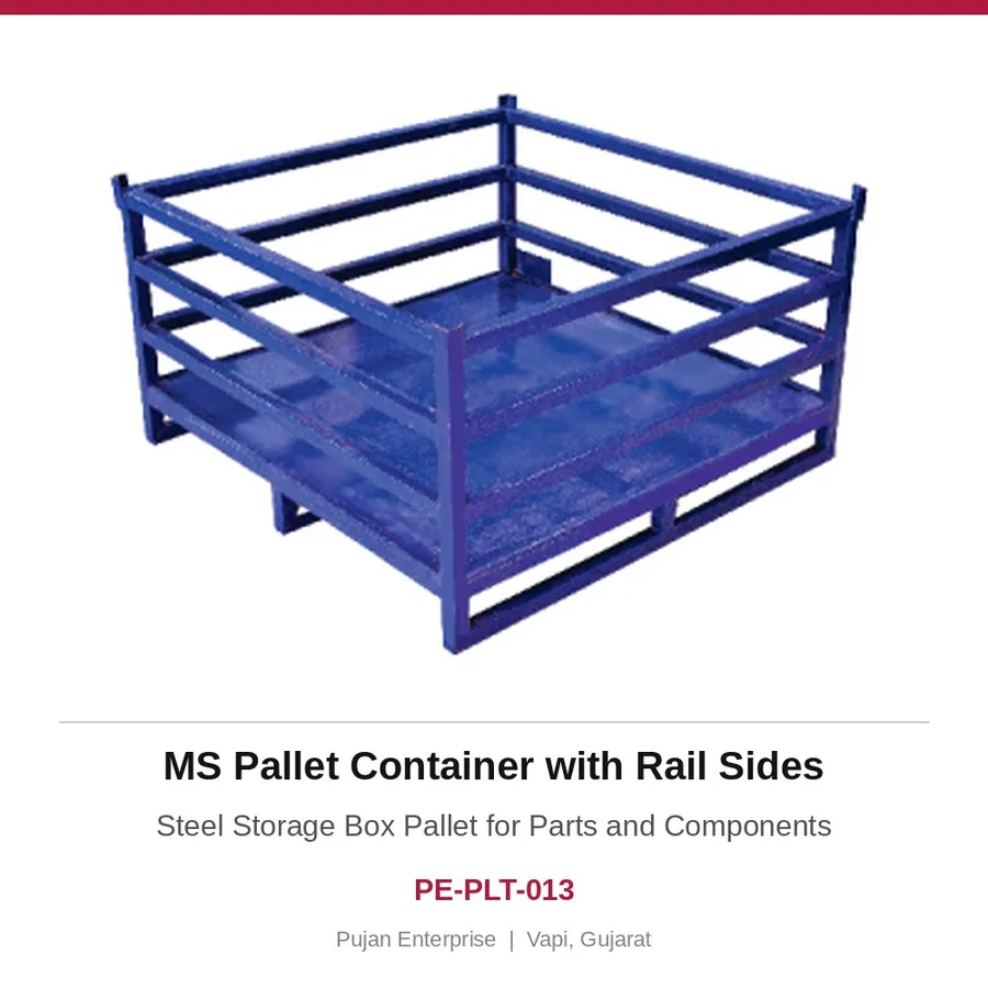 MS Pallet Container with Rail Sides – Steel Storage Box Pallet for Parts and Components