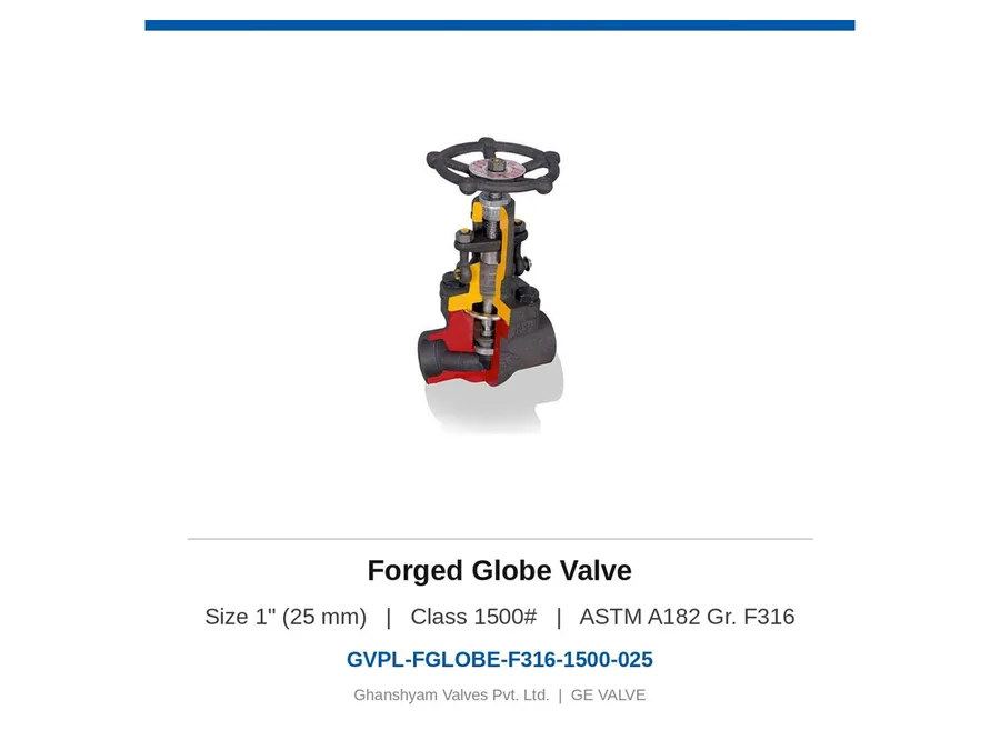 Forged Globe Valve 1" (25 mm) Class 1500 F316 Ghanshyam