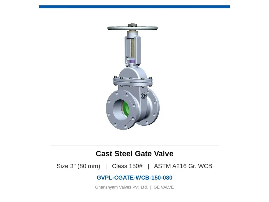Cast Steel Gate Valve 3" (80 mm) Class 150 WCB Ghanshyam