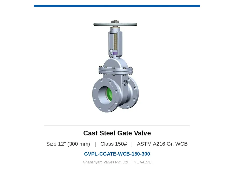 Cast Steel Gate Valve 12" (300 mm) Class 150 WCB Ghanshyam