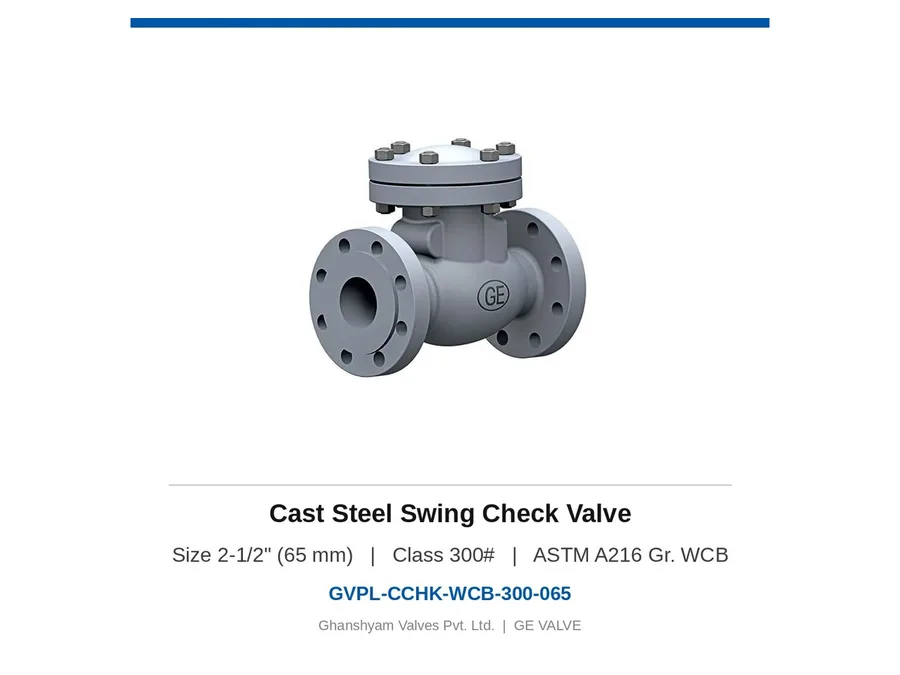 Cast Steel Swing Check Valve 2-1/2" (65 mm) Class 300 WCB Ghanshyam