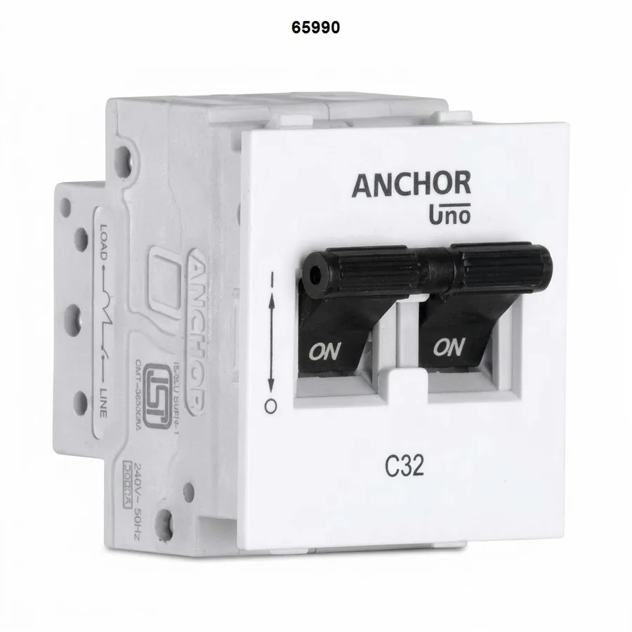 Anchor Penta White Uno Mini Modular MCB 10A DP C Curve 3kA IS/IEC 60898-1 (Model 65990)